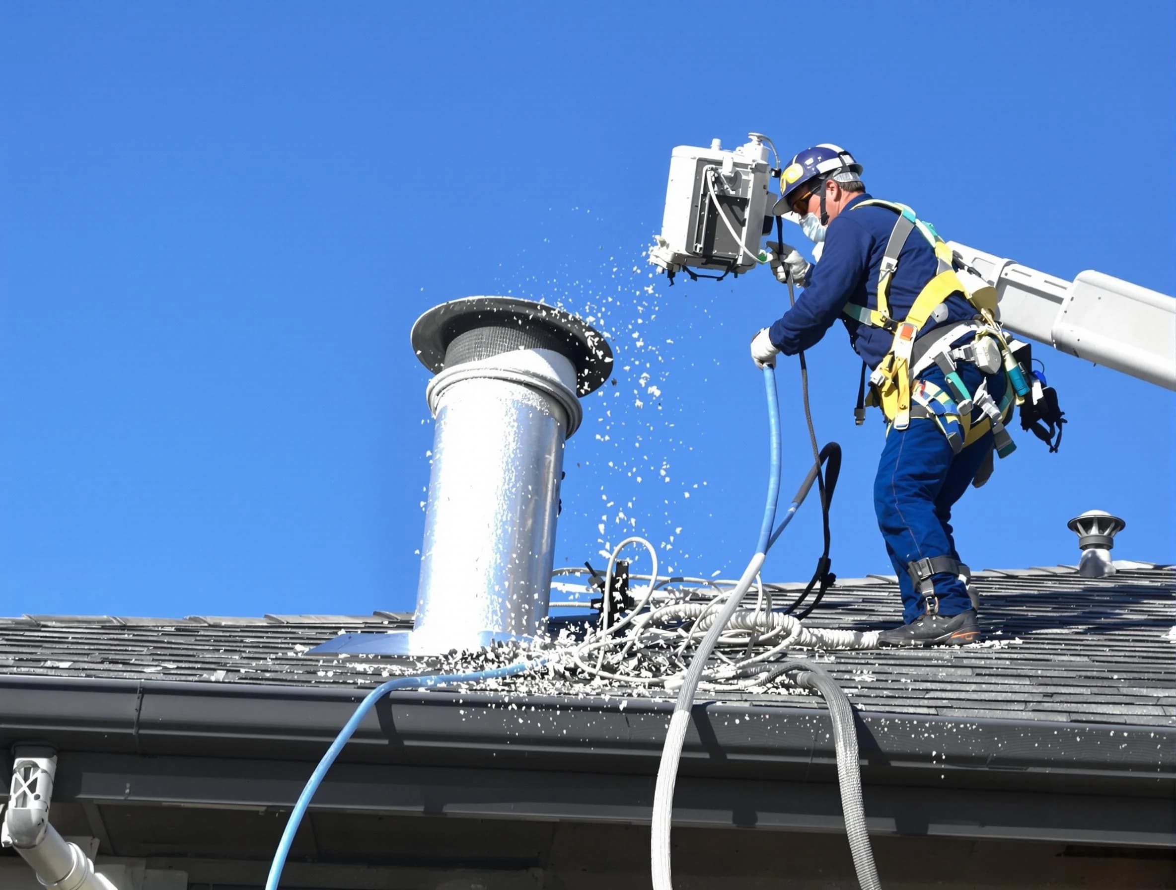 College Park Dryer Vent Cleaning certified technician safely cleaning a roof-mounted dryer vent in College Park