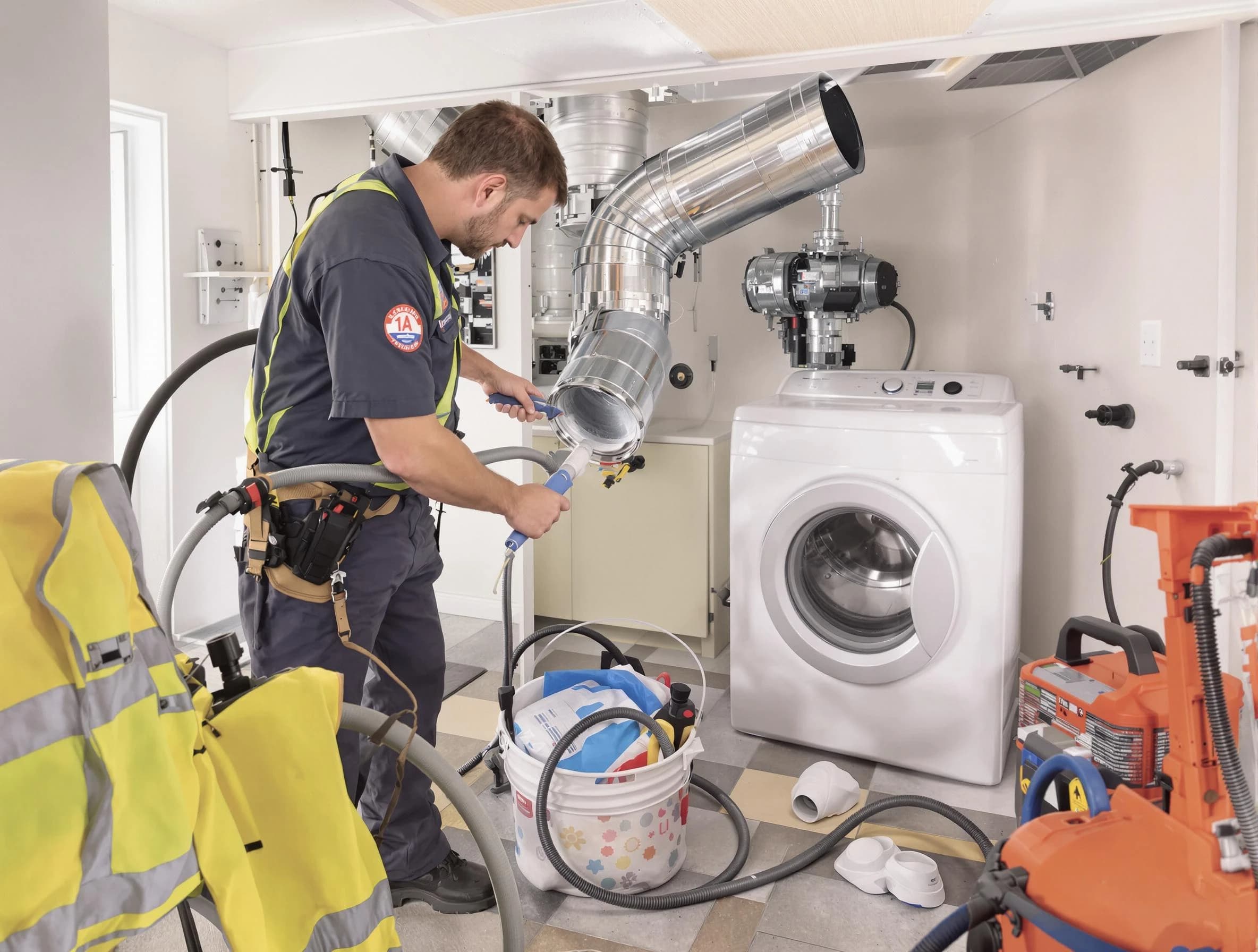 College Park Dryer Vent Cleaning technician using specialized equipment to clear severe dryer vent blockage in College Park